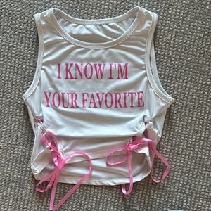 White Tank Top with Pink Text and Ribbon